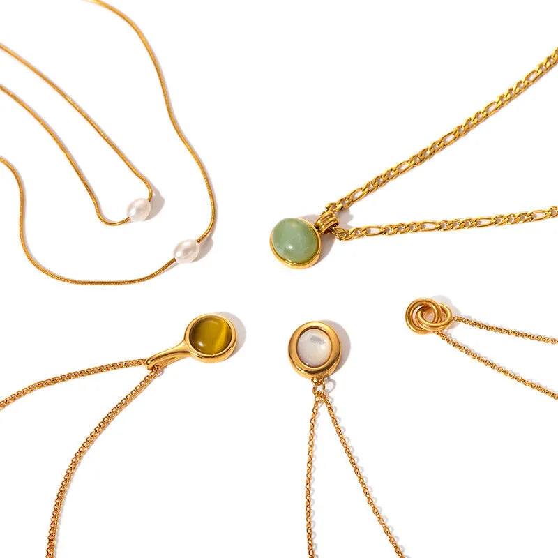 Retro stainless steel necklace with mixed gem inlaid pendant and electroplating finish in five colour options