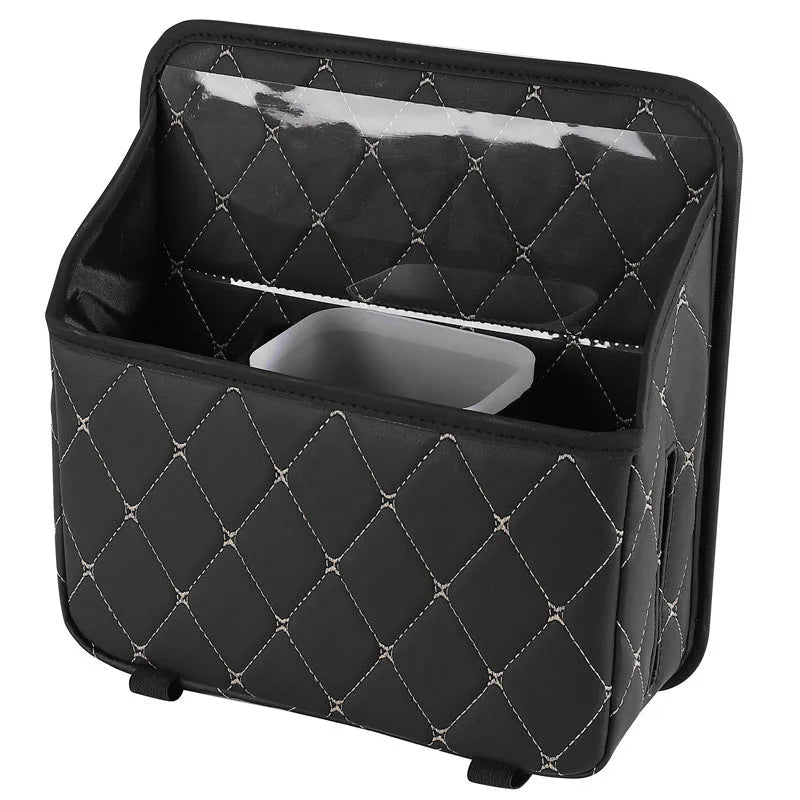 Leather hanging car storage bag and trash can in diamond lattice black or beige with waterproof function and handle