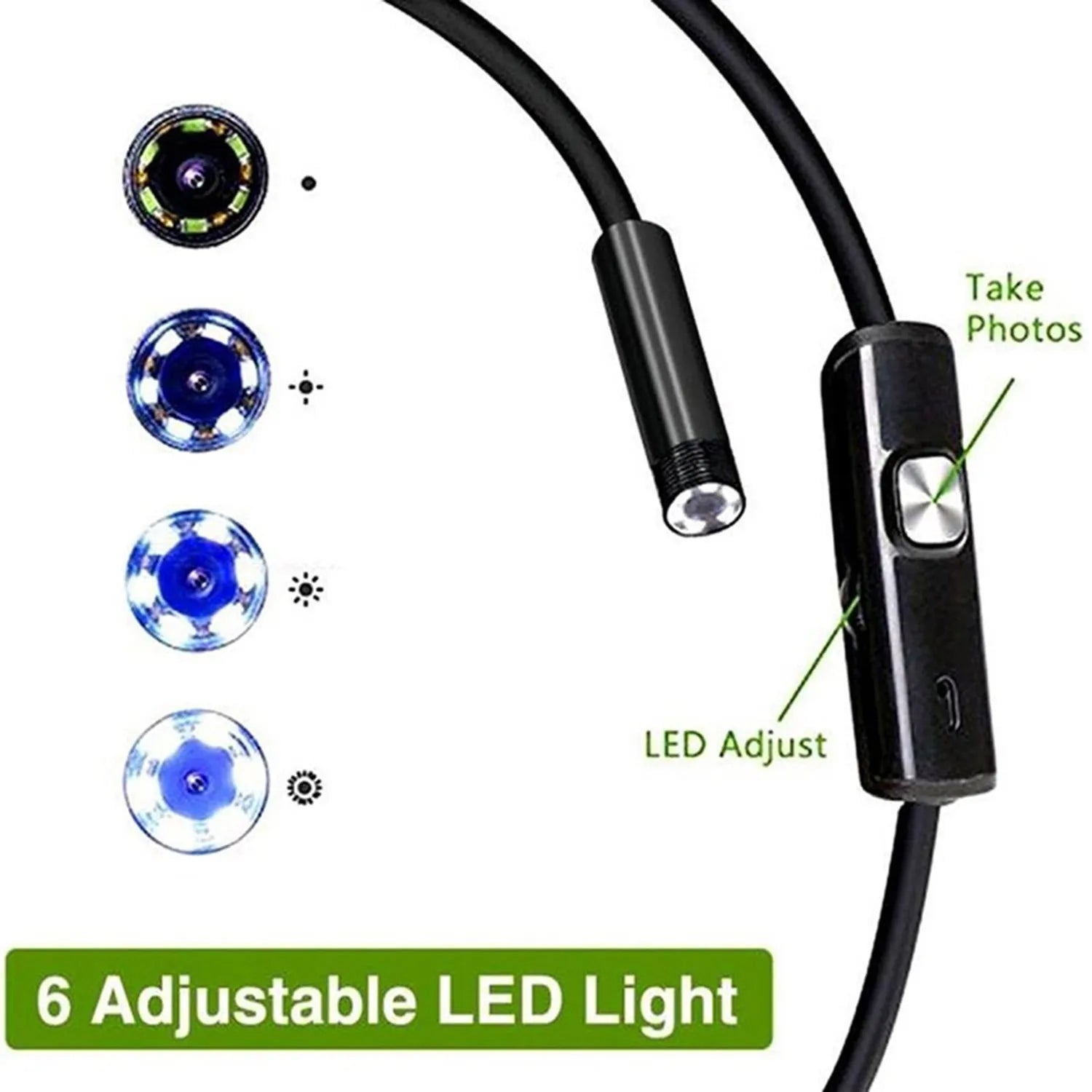 Three-in-one USB endoscope with 5.5mm camera, flexible cable, side mirror, hook, and magnet attachments on a table.