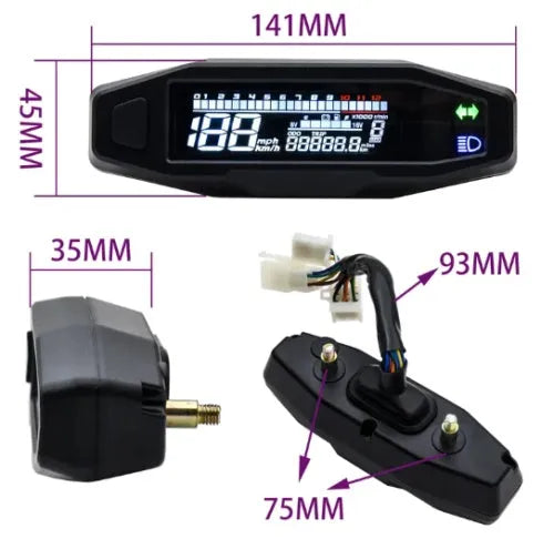 Black motorcycle LCD speedometer with oil gauge, tachometer, and odometer on a 103x25mm screen.