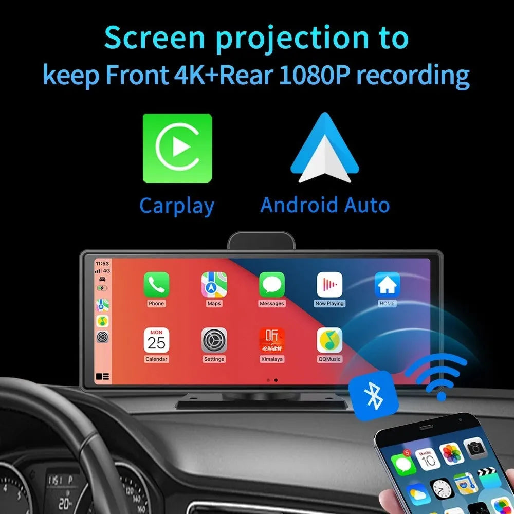 R33 black smart dash cam with 10.26-inch touch screen mounted on car windscreen, showing split view of road ahead and rear camera.