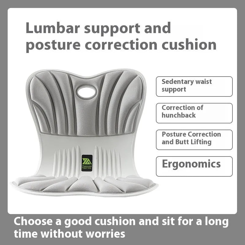 Grey ergonomic seat cushion with waist support contour on office chair
