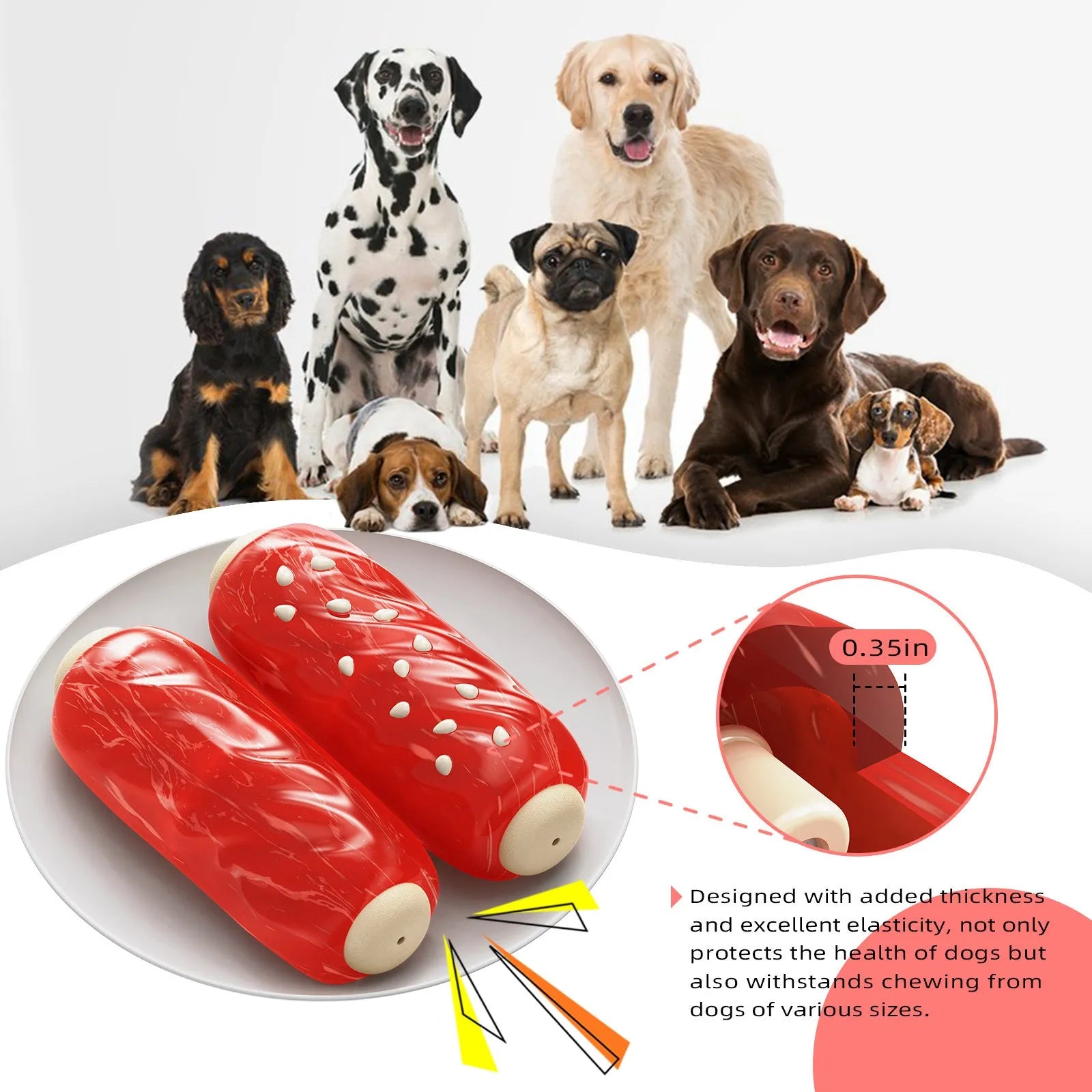 Primary colour plastic dog chew toy shaped like a glue toothbrush with a molar rod