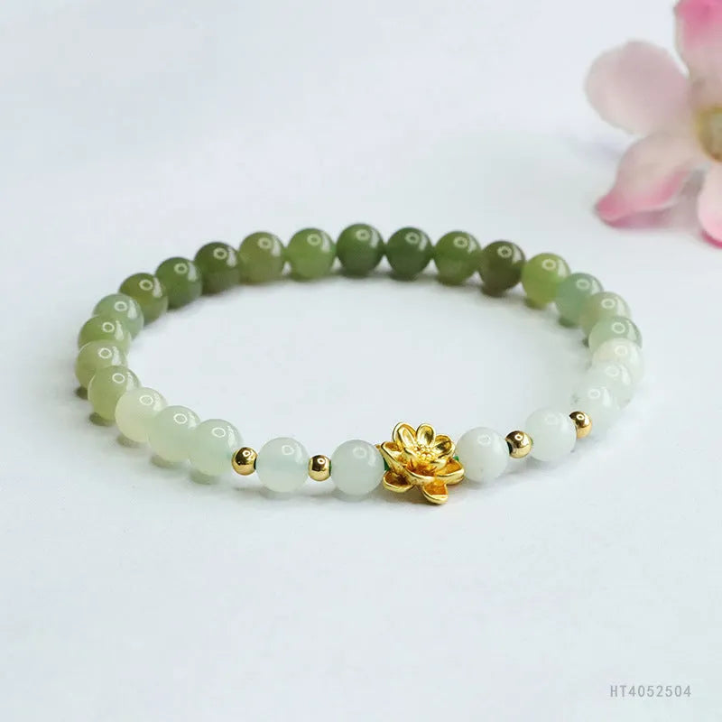 Hetian jade bracelet with water gradient colour and floral beads in ancient national style