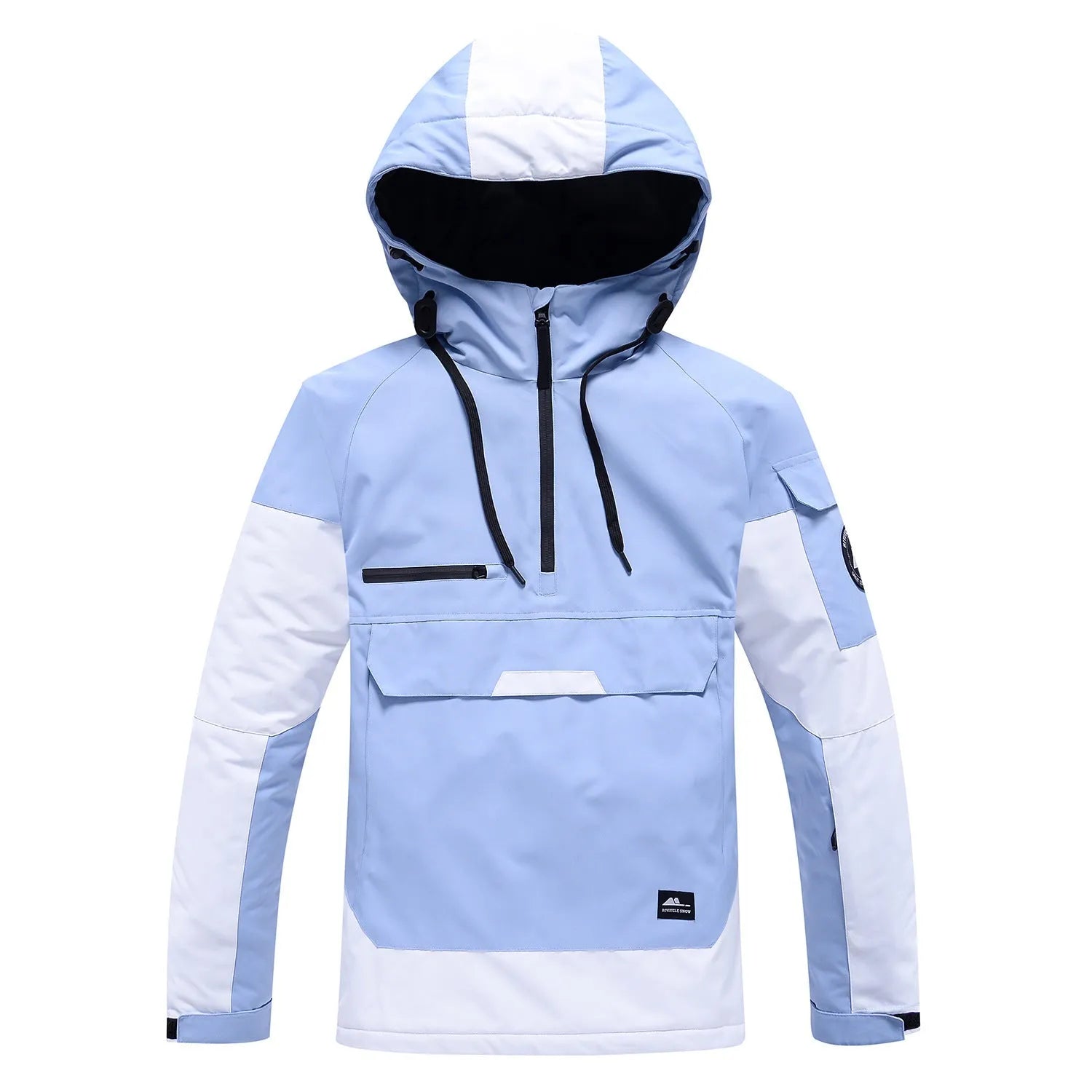 Contrast color windproof waterproof breathable couple ski hoodie in blue with black trim