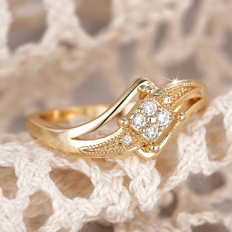 Copper diamond geometric women's ring with micro inlaid zircon details in yellow gold finish