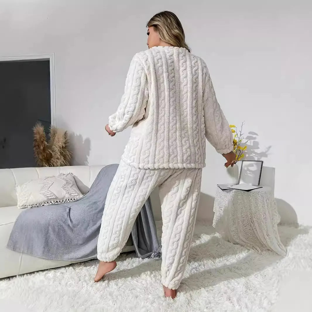 Creamy white women's two-piece polyester pyjama set with long sleeves and trousers
