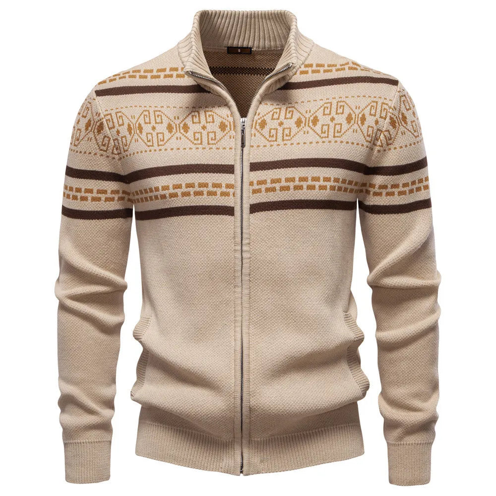 Men's cotton zipper knitted jacket slim fit in army green side view