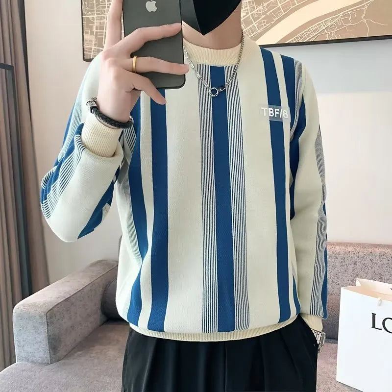 Blue and white contrast stripe loose fit pullover sweater with long sleeves, polyester blend fabric, sizes M to XXXL