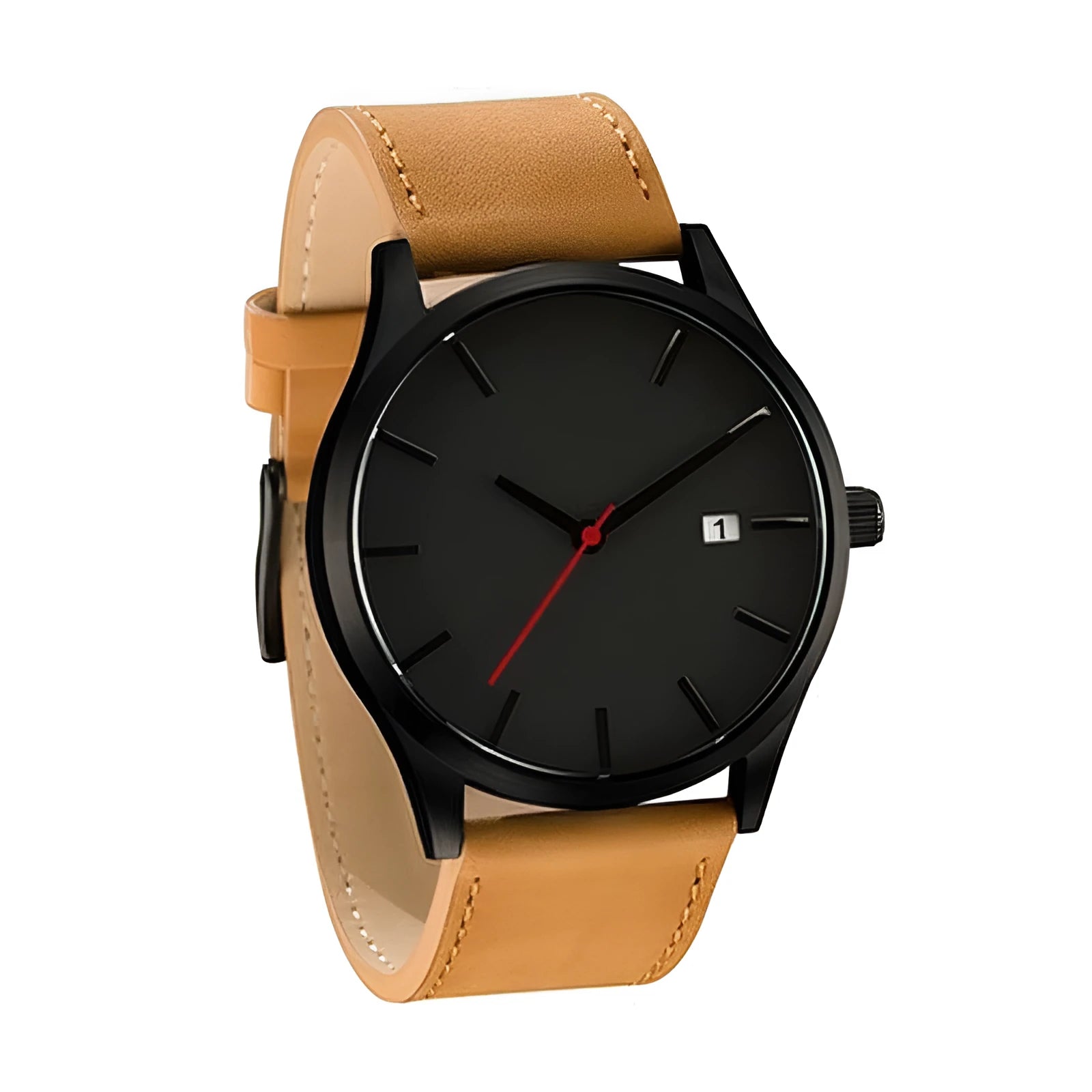 Casual quartz watch with 42mm dial, matte leather strap, calendar display, black dial, spiral crown