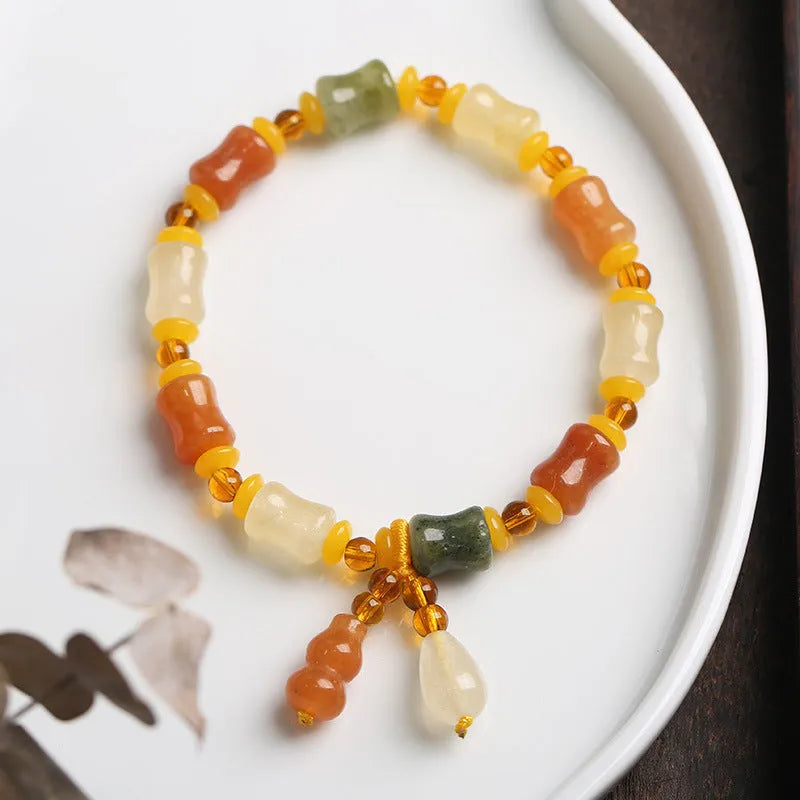 Natural Xinjiang Jinsi Jade small bone beads bracelet with geometric Chinese design