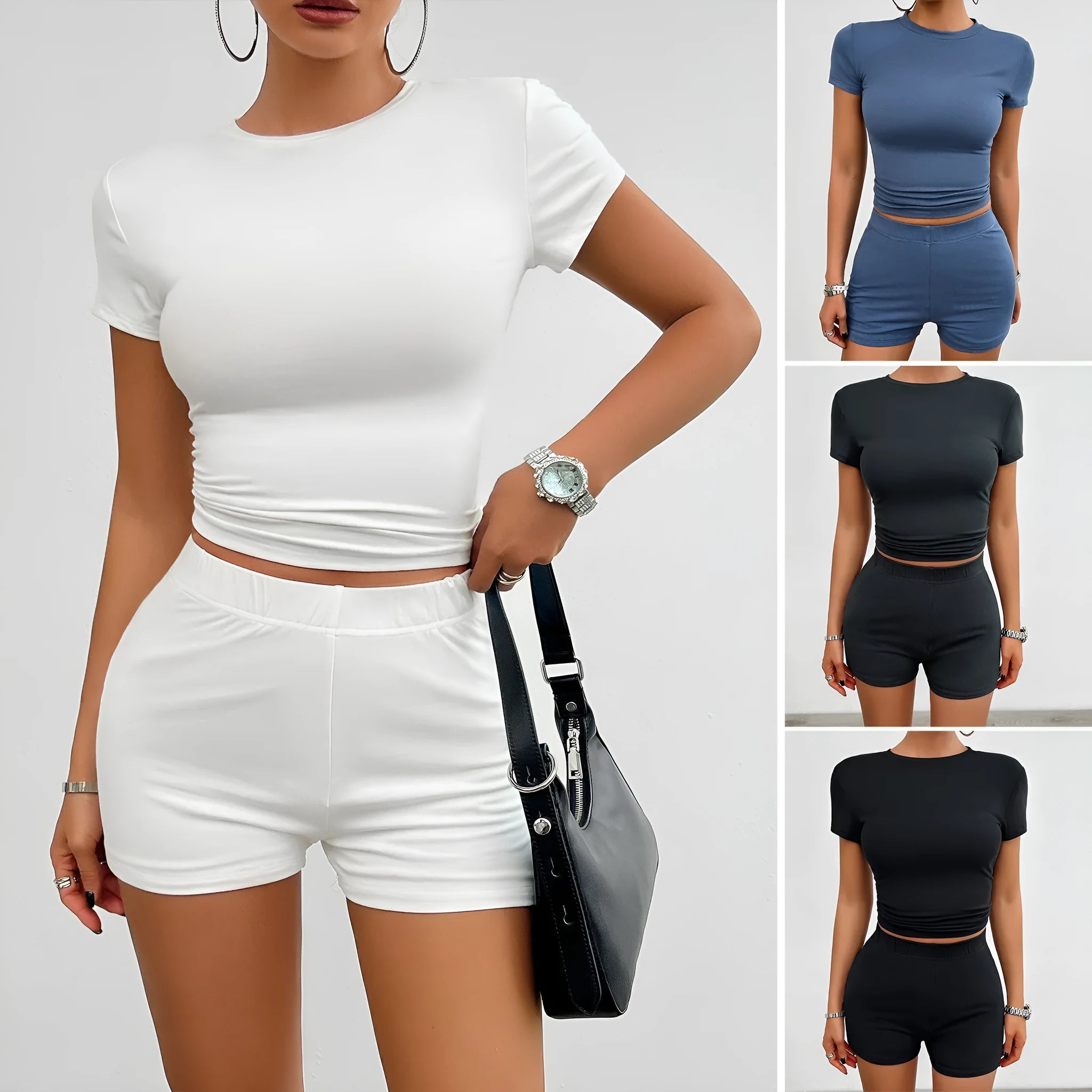 Women's solid colour viscose sportswear set with short sleeve T-shirt and elastic shorts.