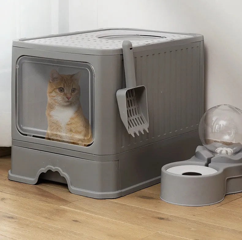 Large double door drawer foldable cat litter basin in PP, 50x38x39cm, grey colour with cat shovel