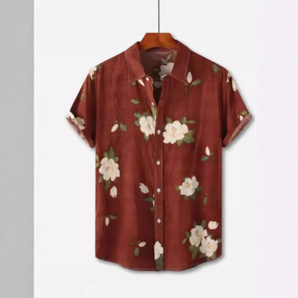 Hawaiian floral print short sleeve lapel shirt on a hanger