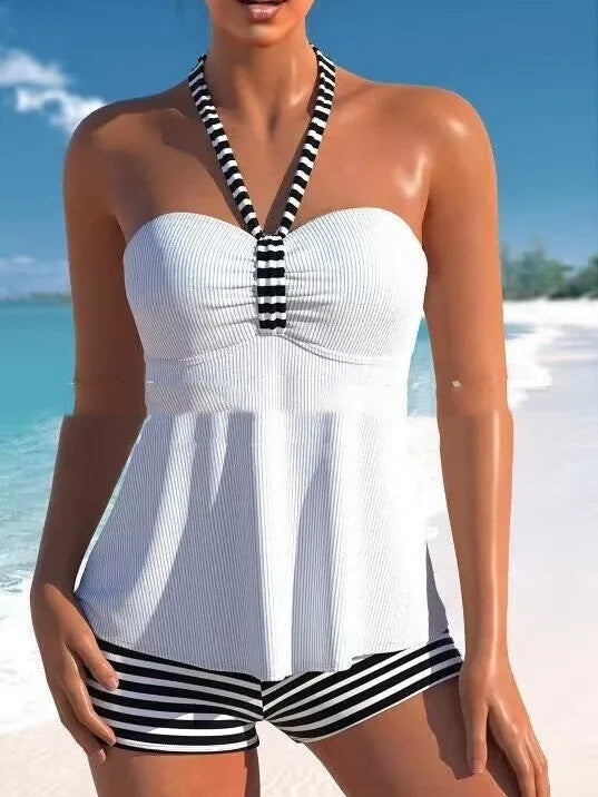 Black and white striped off-shoulder swimsuit for women, one-piece design
