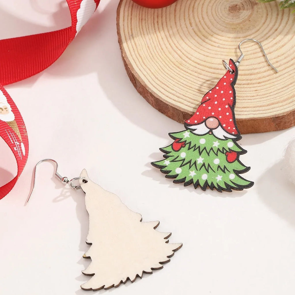 Women's wooden Christmas earrings with printed tree and snowman designs and Santa motifs.