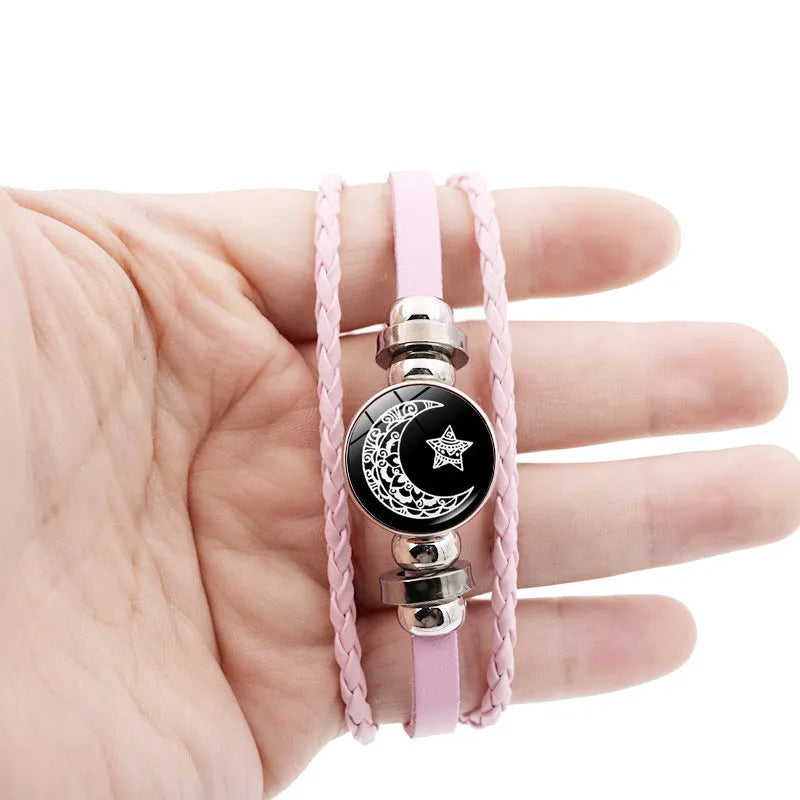 Luminous sun and moon couple leather bracelet with alloy electroplated finish and 18cm extension chain