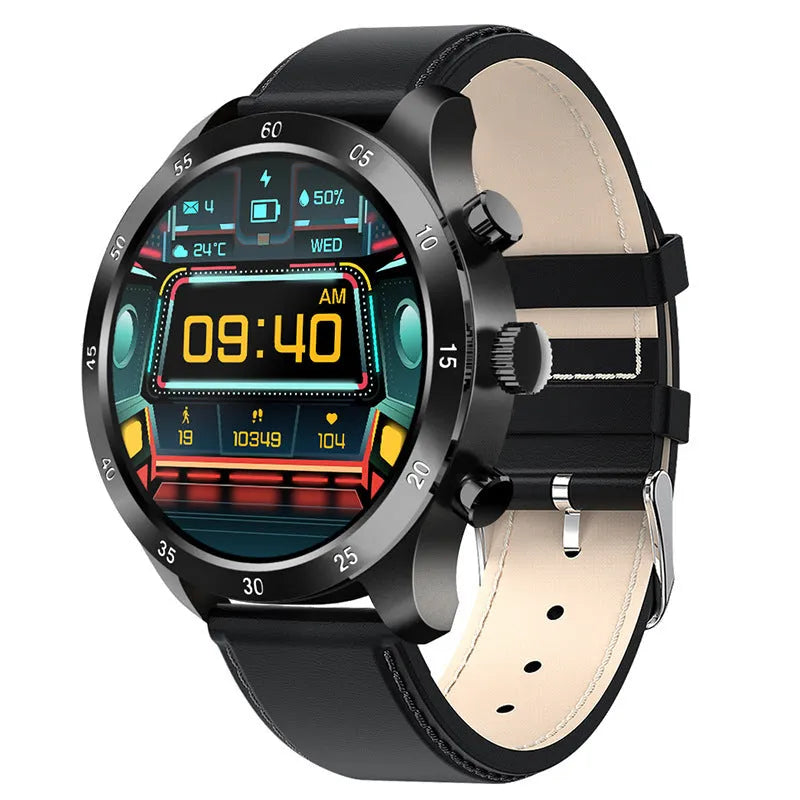 Black Bluetooth smart watch with touch screen displaying heart rate, on a grey silicone strap.