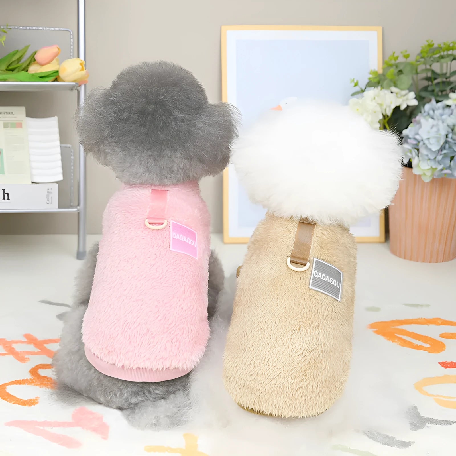 Coral fleece pet jacket with pull ring closure in blue colour on dog