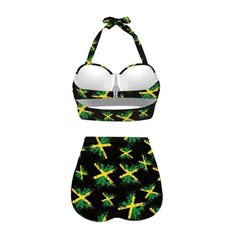 Halter bikini set with lace-up triangle top and matching brief bottom in European American pattern style