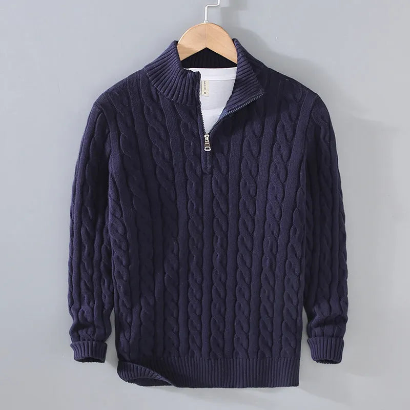 Men's loose fit zip pullover cotton knit sweater in wine red, grey, dark blue, black, apricot, denim blue, sizes S-XXXL
