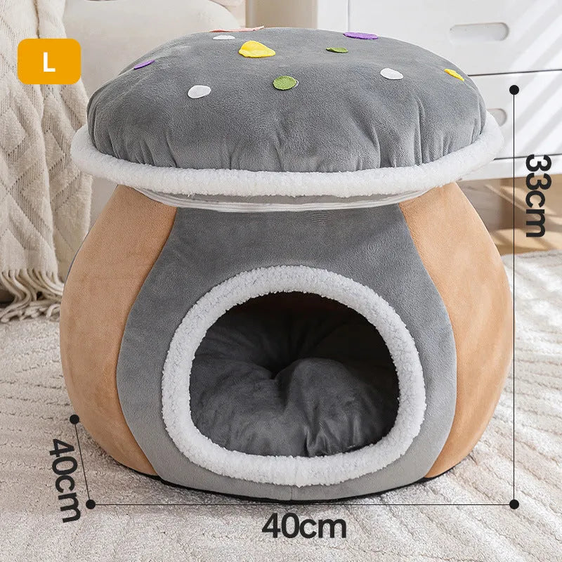 Mushroom-shaped cat bed with detachable plush blanket in grey, pink or purple colour