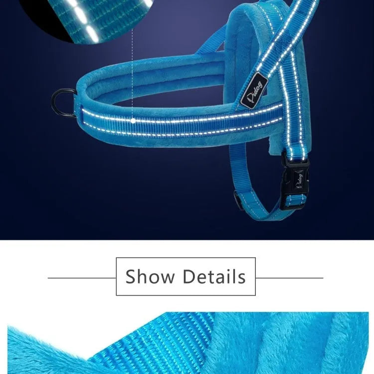 No pull dog harness: leather with padded strap, colour options Black, Blue, Pink, sizes L to XXS