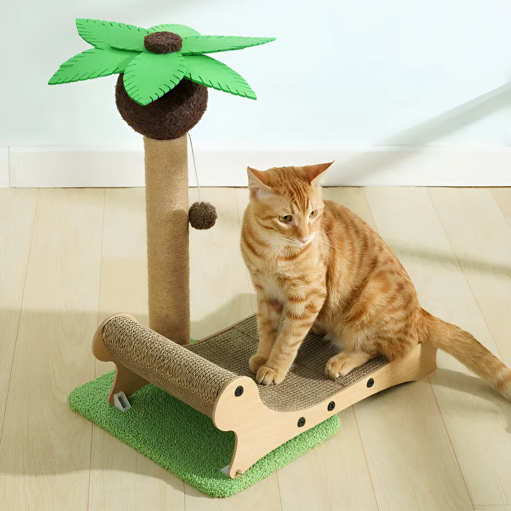 Wooden beach chair style cat climbing frame with integrated nest, scratch board, and hemp mat