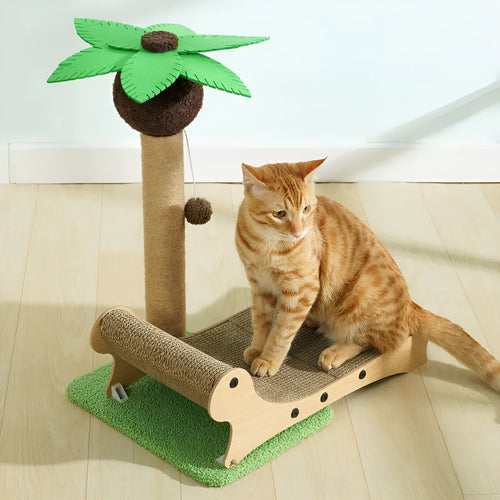 Solid wood beach chair style cat climbing frame with integrated hideaway nest and hemp-wrapped scratching column.