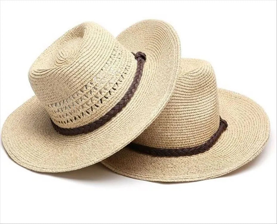 Men's foldable straw sun hat with wide brim in mixed beige colour showing portable design
