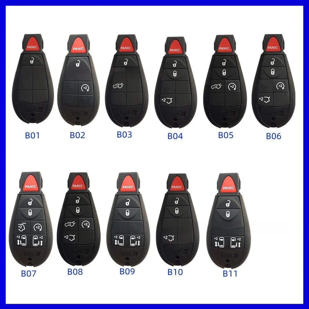Dodge Chrysler smart key fob replacement shell in ABS plastic with brass fittings, showing dimensions 85mm by 42mm.