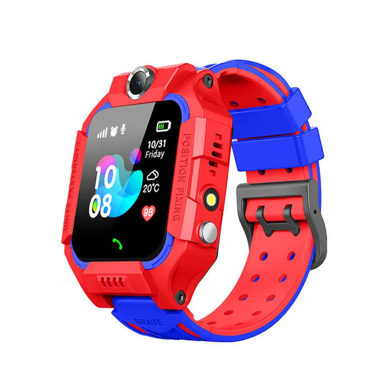 Children's smart watch with dual cameras, SOS button, and touch screen on a child's wrist