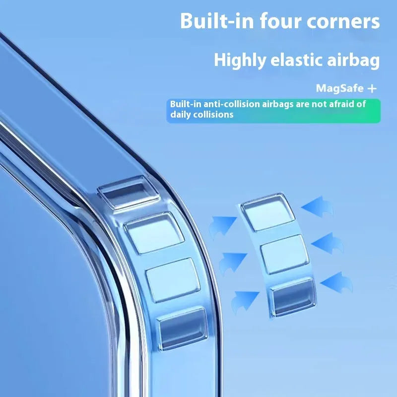 Transparent magnetic PC phone case for Apple 16 and 16 Plus with airbag corners and straight edge all-inclusive design