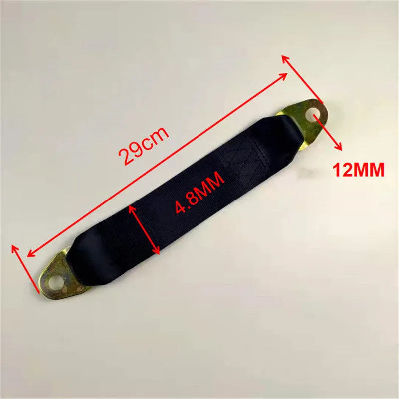 Universal door latch and stop belt with polyester fixing strap, metal buckle, and mounting screws