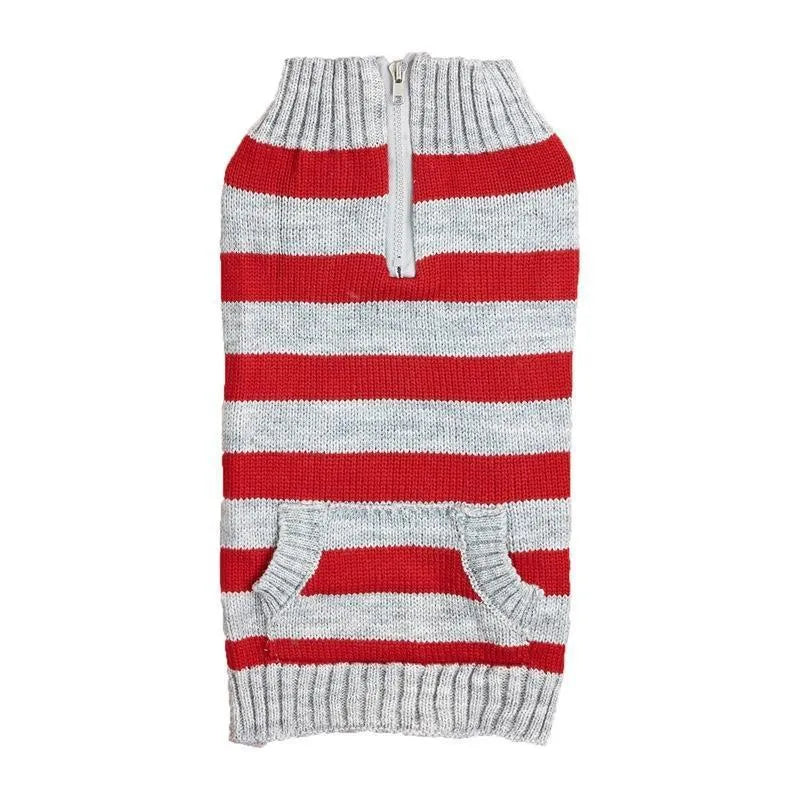 Grey acrylic dog sweater on a small dog, showing horizontal zipper and button pocket.