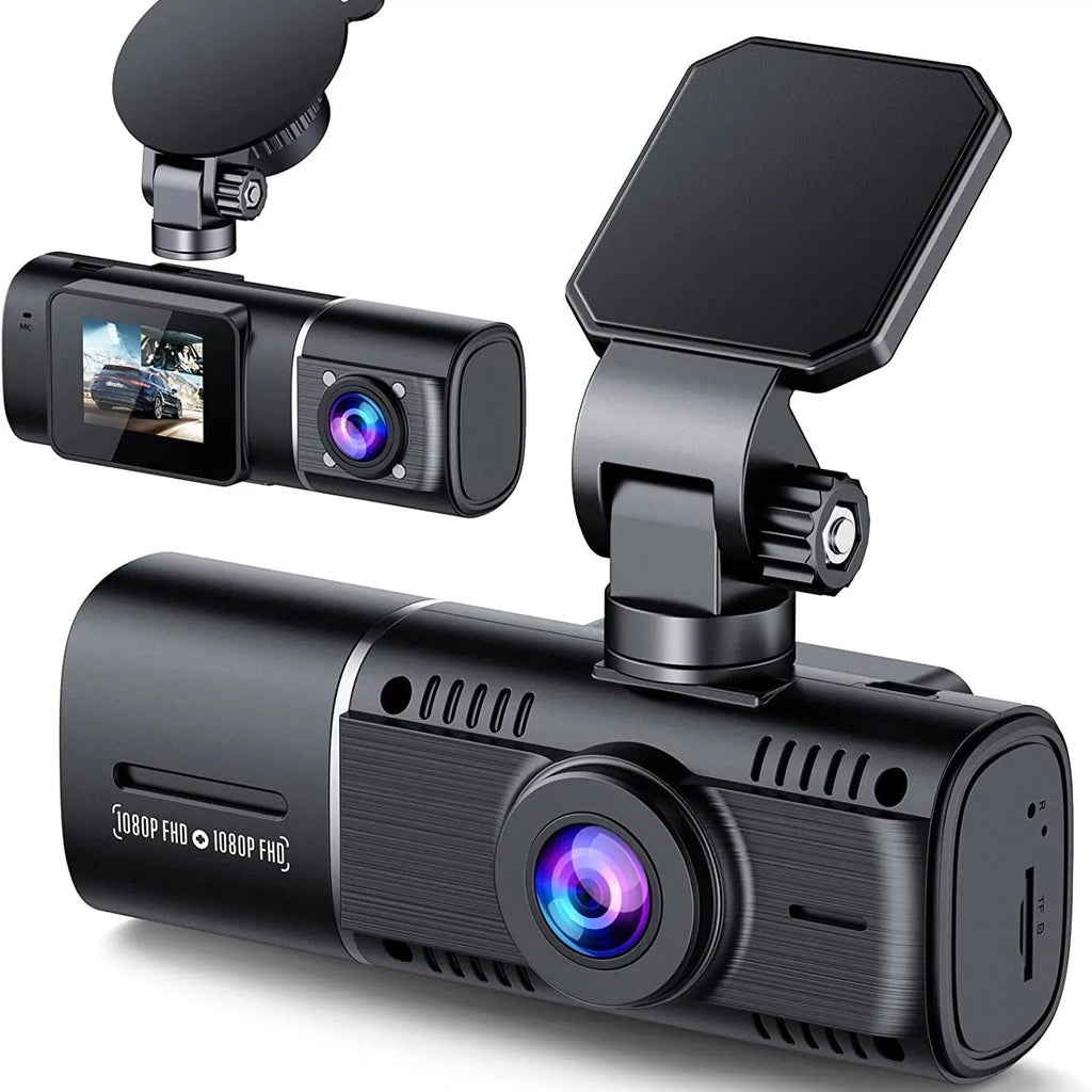 Black dual-lens dashboard camera with 1.5-inch screen mounted on car windscreen suction stand.