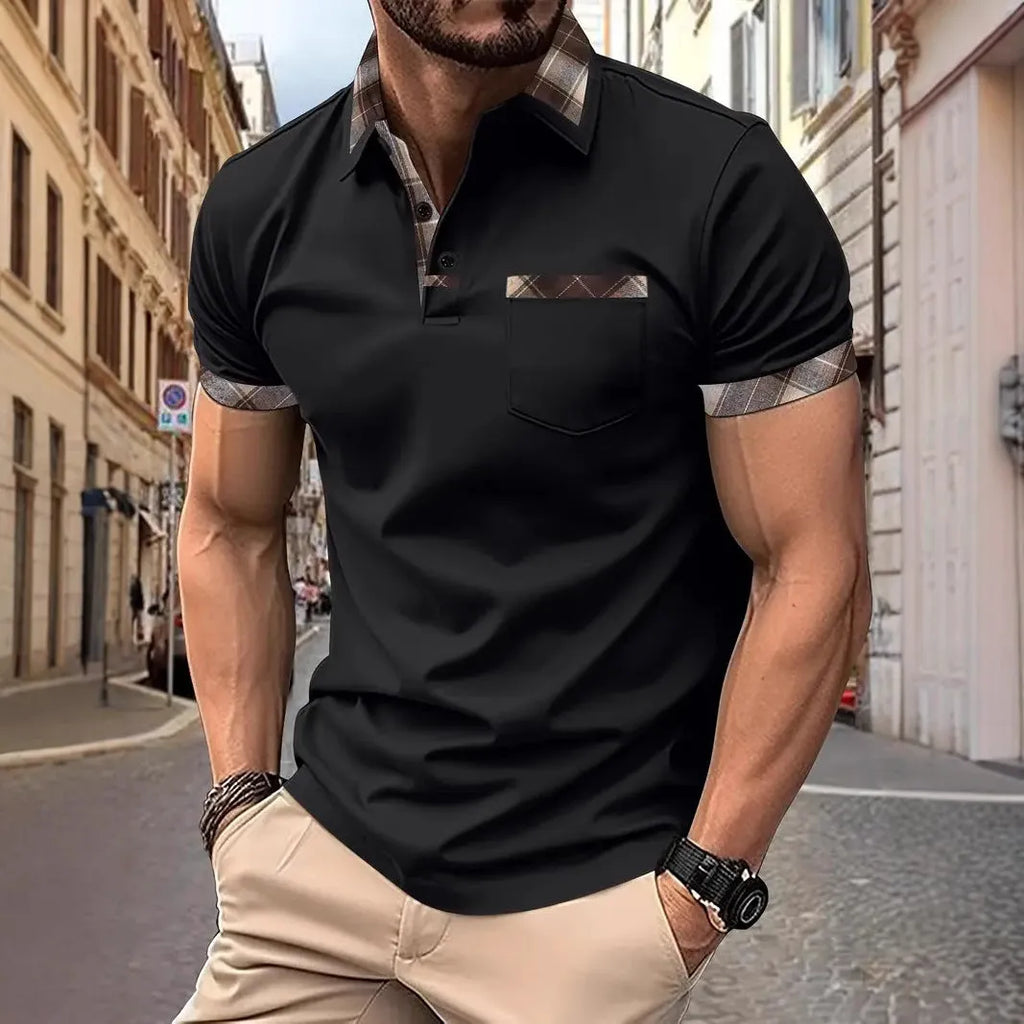 Man wearing a loose fit men's T-shirt with a red and black plaid colourblock design on a white background.