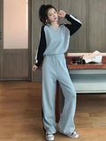 V-neck hooded sweater and loose wide leg pants sports suit for women in gray and black