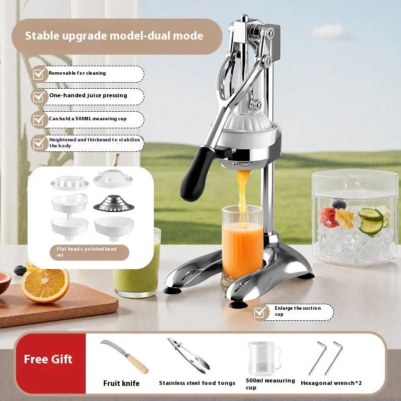 Stainless steel manual orange juicer with quick disassembly mechanism on a commercial countertop