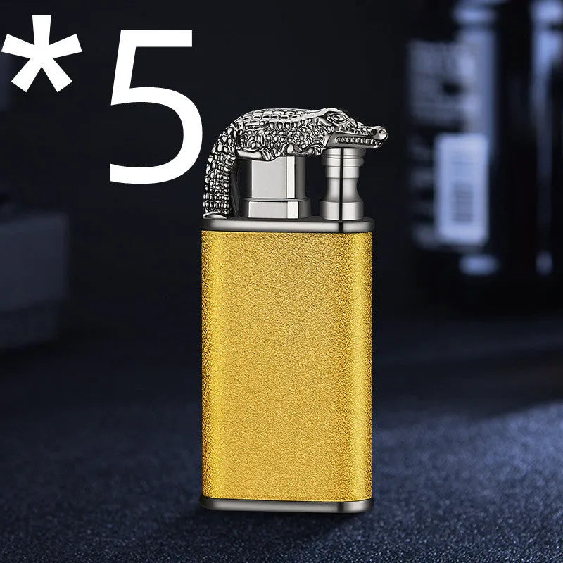 Creative blue flame lighter with windproof double fire and novelty dragon design, metal body