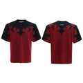Men's red cotton short sleeve shirt with drop shoulders and 3D stitched rhinestone flower pattern detail.
