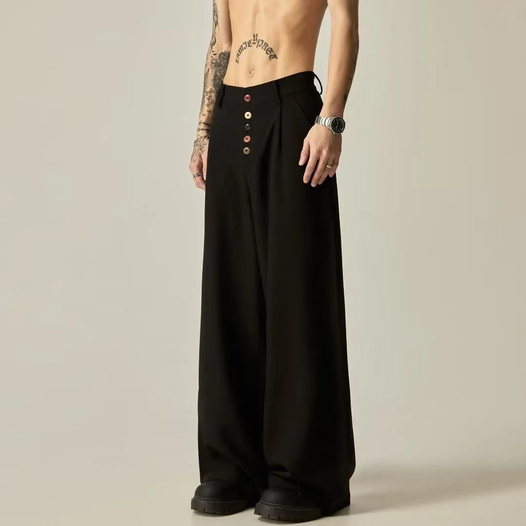 Men's solid colour casual trousers with wide-leg design and elasticated waist in cotton-polyester blend fabric