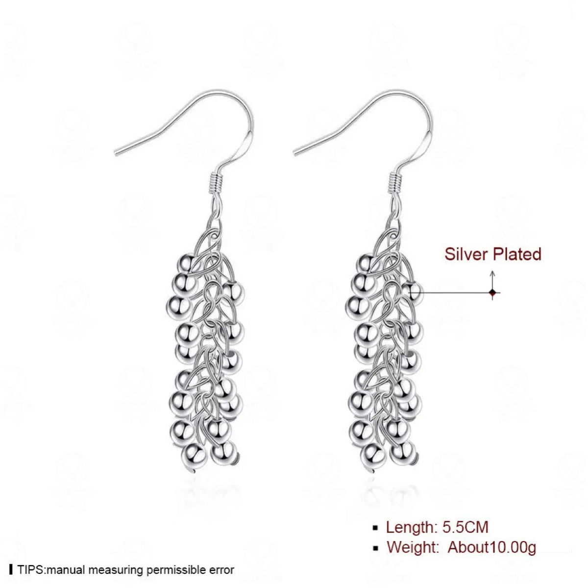 Silver light bead string earrings for women, electroplated copper dangle earrings, 6.8g pair