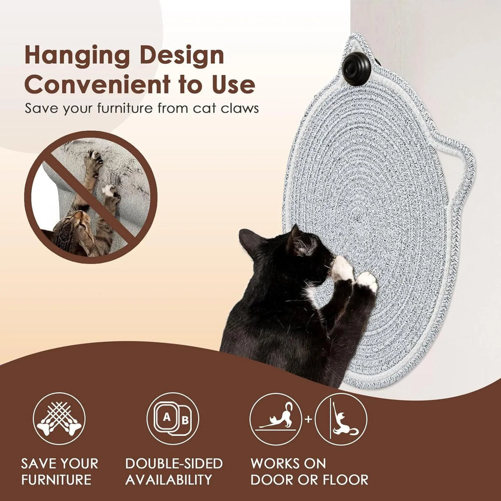 Round natural cotton rope cat scratcher mat with hanging ear and cat ball toy, sizes M 50cm and S 40cm.