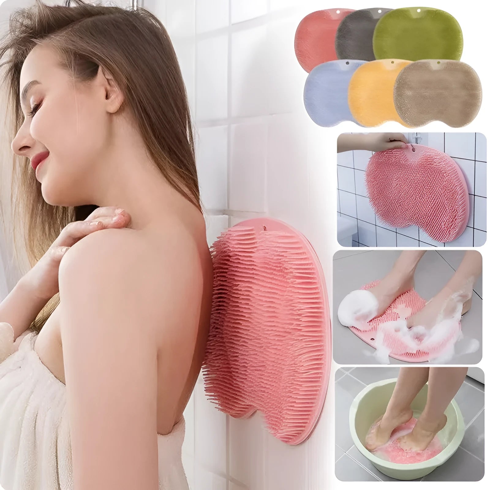Orange non-slip bath brush with silicone bristles and suction cups on a bathroom floor.