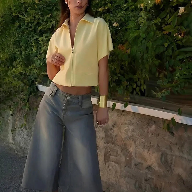 Damascus loose casual jacket in yellow shown on a model, featuring short sleeves.