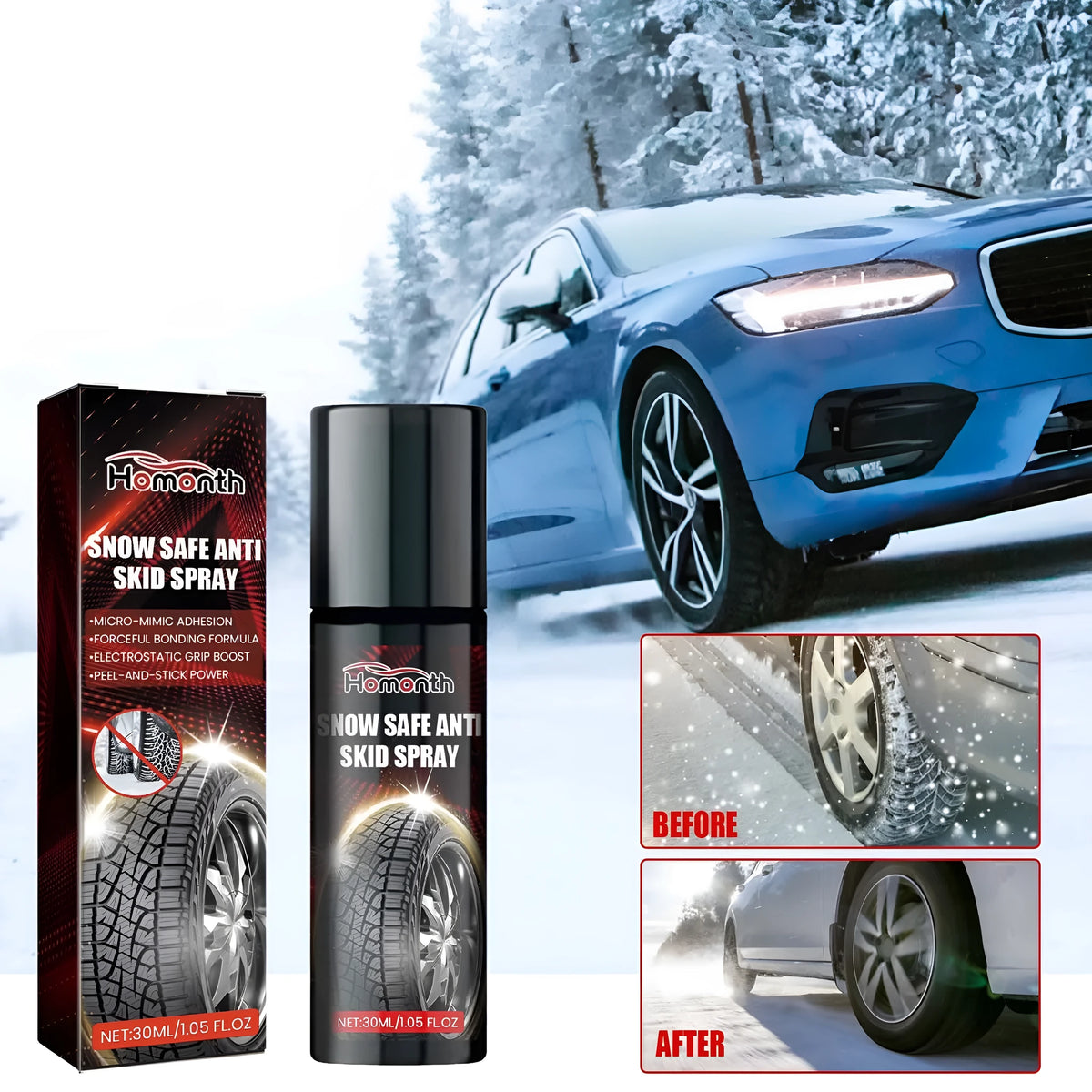 30ml car tyre anti-skid spray bottle, 2.8 x 2.8 x 10.5cm, with silica gel and anti-freeze formula