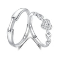 925 silver couple ring with diamond detail and adjustable opening, geometric shape with heart and chain motifs