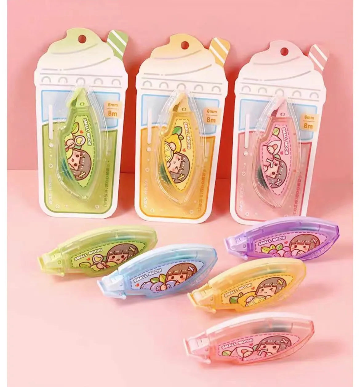 Cute plastic dotting glue in peach juice colour on a card, part of a five-colour traceless adhesive set.