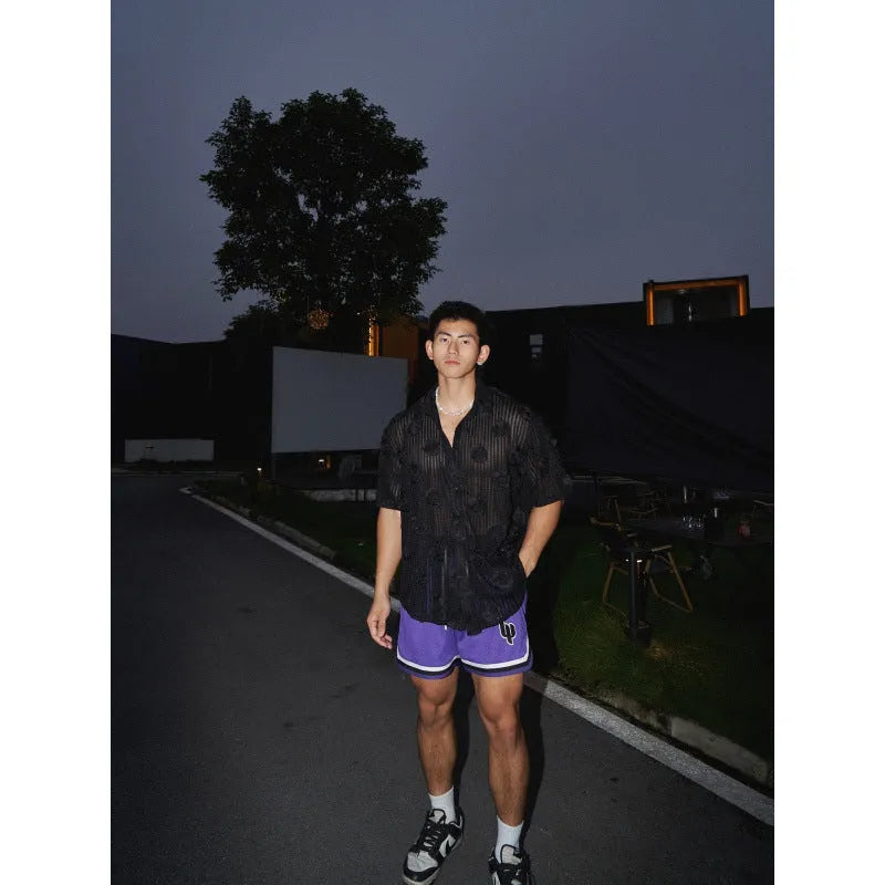 Men's loose fit short-sleeved shirt with a heavy industry floral print in milky white.